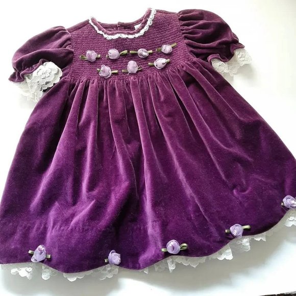 Vtg 90s Smocked Purple Velvet Cottagecore Baby Dress with Rosettes, 24 mo - Picture 9 of 9